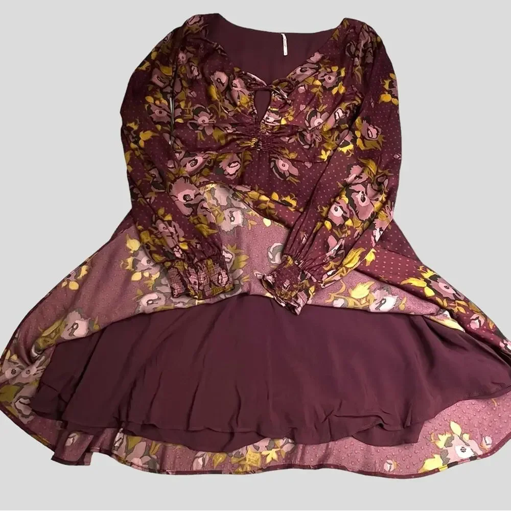 Free People Morning Light Dress 6 Mauve Floral Polka Dot Satin Keyhole Boho